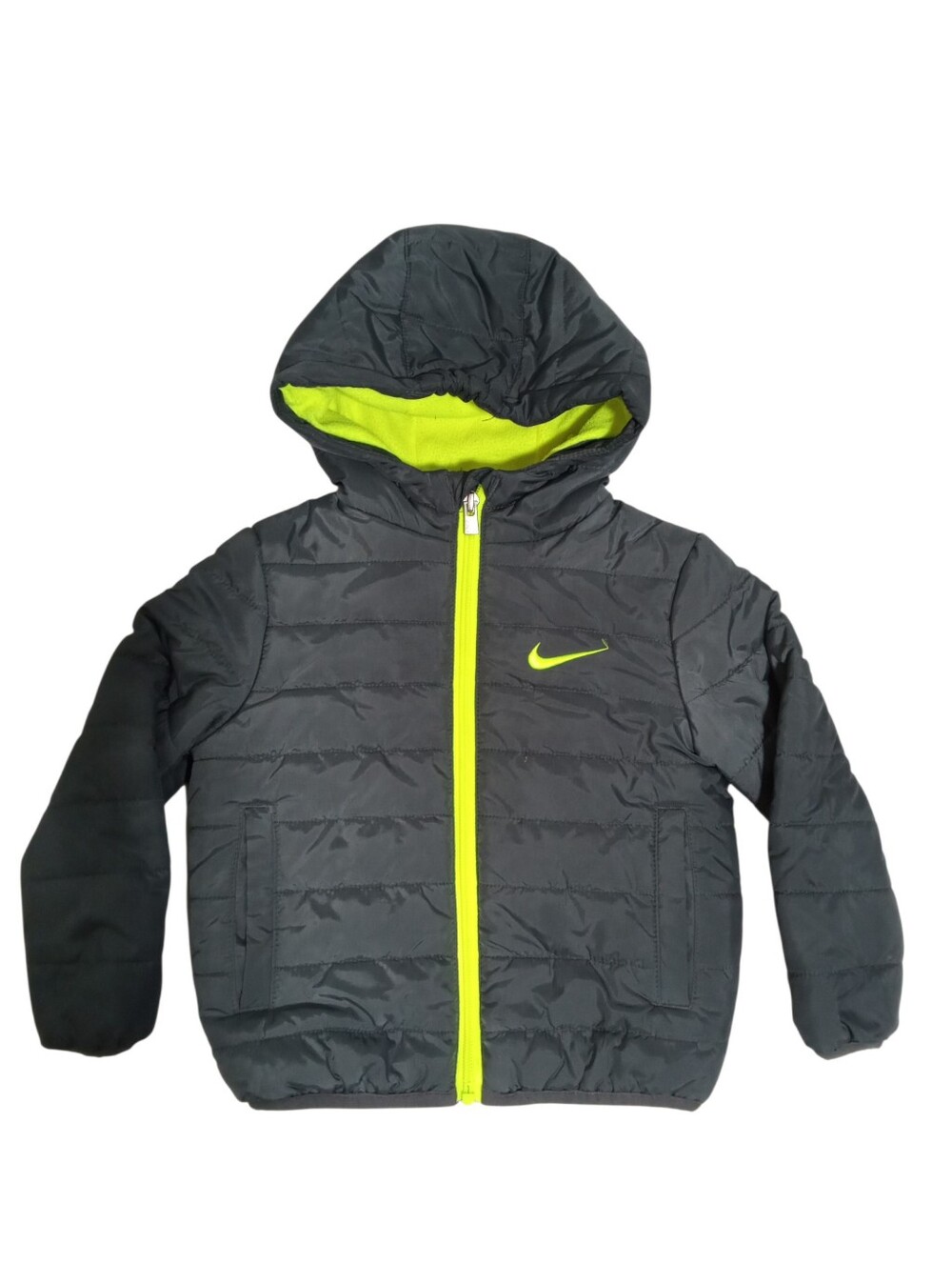 Nike Kids Gray Puffer Hooded Jacket Neon Green Sporty Athleisure Full Zip Sz 2T
